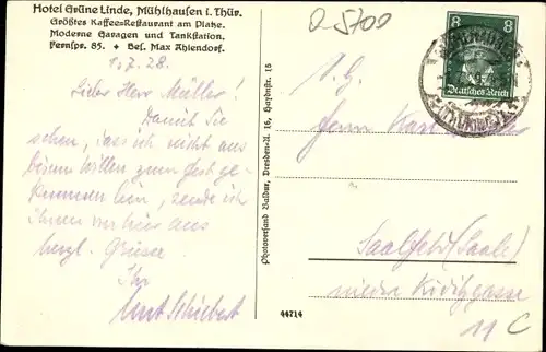 Ak Mühlhausen in Thüringen, Hotel Grüne Linde