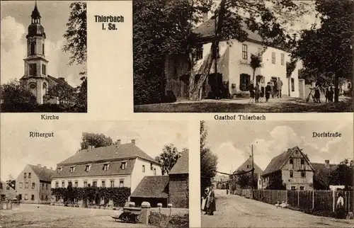 Ak Thierbach Kitzscher Sachsen, Kirche, Rittergut, Dorfstraße, Gasthof Thierbach