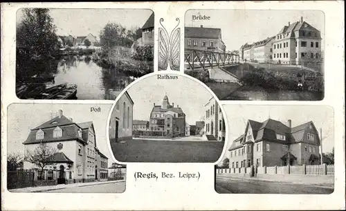 Ak Regis Breitingen Landkreis Leipzig Sachsen, Stadtansichten, Brücke, Rathaus, Post