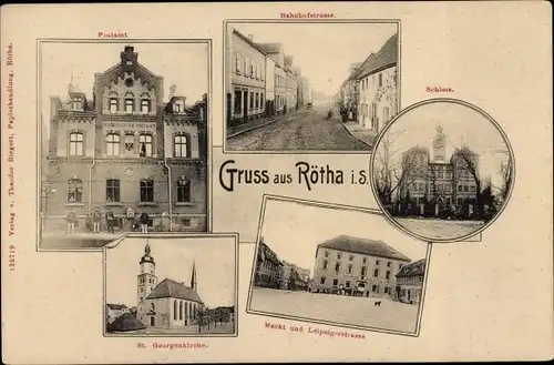 Ak Rötha in Sachsen, Postamt, Bahnhofstraße, Schloss, Markt, Georgenkirche