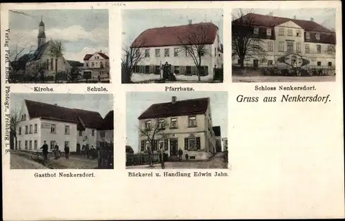 Ak Nenkersdorf Frohburg in Sachsen, Schloss, Bäckerei Edwin Jahn, Pfarrhaus, Kirche, Schule