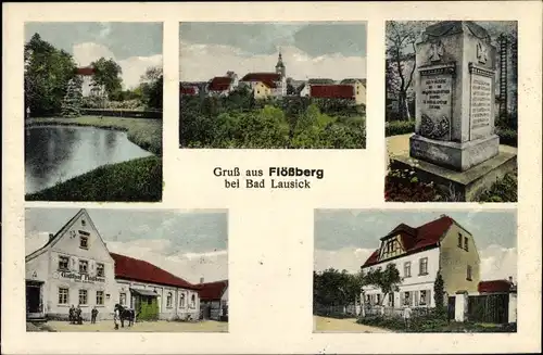 Ak Flößberg Frohburg in Sachsen, Gasthof, Totalansicht, Kriegerdenkmal