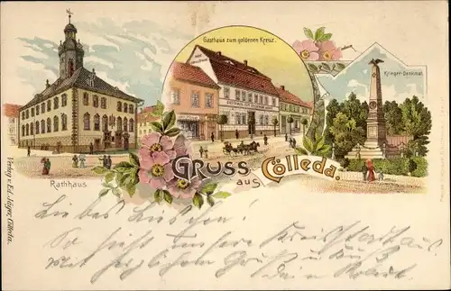 Litho Cölleda Kölleda in Thüringen, Gasthaus zum goldenen Kreuz, Kriegerdenkmal, Rathaus