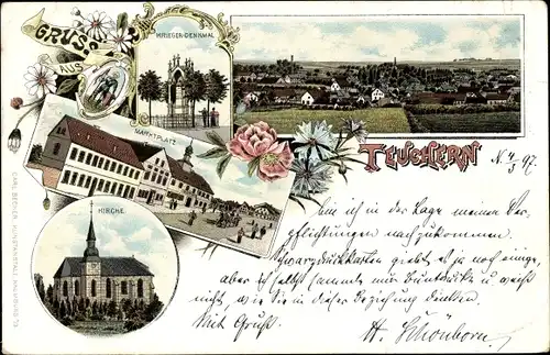 Litho Teuchern im Burgenlandkreis, Marktplatz, Kriegerdenkmal, Kirche, Totalansicht