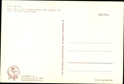 Ak Schauspielerin Thu Hien, Nguyen van Troi, Ein Held unserer Tage, Portrait, VEB Progress Film