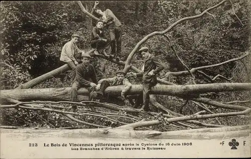 Ak Paris XII Bois de Vincennes, Jungen auf umgestürzten Baum, gefällt durch den Zyklon 1908