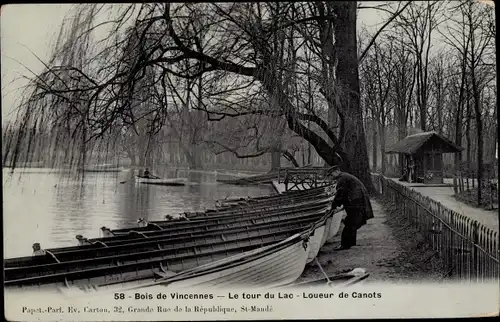 Ak Paris XII Bois de Vincennes, rund um den See, Kanuverleih