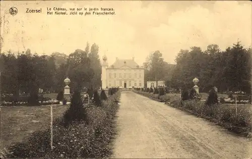 Ak Zoersel Flandern Antwerpen, Le Chateau, Blick auf den französischen Garten