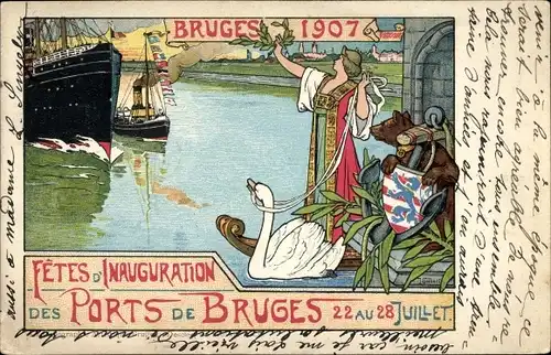 Wappen Ak Brügge Westflandern, Hafen, Einweihungsfeierlichkeiten 1907, Bär, Schwan