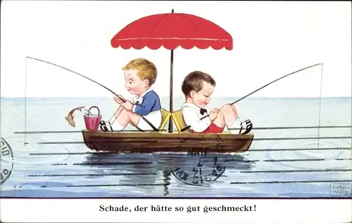 Künstler Ak Wills, John, Zwei Jungen mit Angeln in einem Boot, Sonnenschirm
