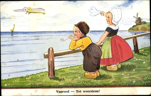 Künstler Ak Wills, John, Volendam, Kinder in niederländischer Tracht, Flugzeug, Pfeife