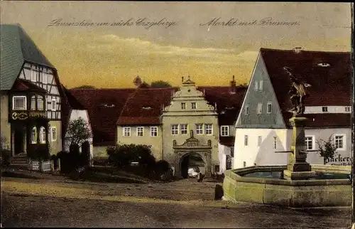 Ak Lauenstein Altenberg im Erzgebirge, Markt, Brunnen