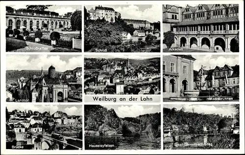 Ak Weilburg an der Lahn Hessen, Marktbrunnen, Schloss, Schlosskaffee, Landtor, Brücke, Arkaden