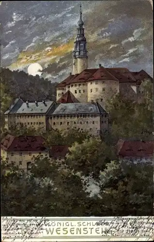 Künstler Ak Weesenstein im Müglitztal Sachsen, Schloss Weesenstein, Nacht