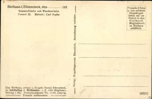 Ak Eibenstock im Erzgebirge Sachsen, Wandererheim Bielhaus