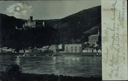 Mondschein Ak Stolzenfels Koblenz am Rhein, Schloss Stolzenfels