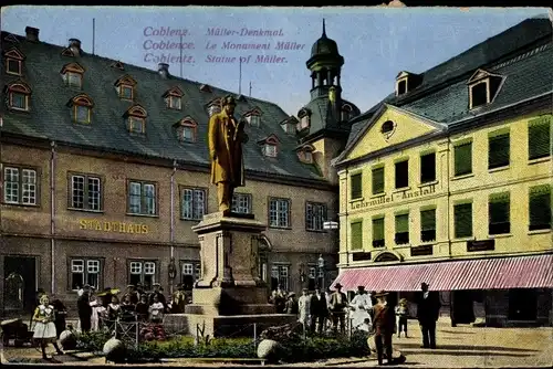 Ak Koblenz am Rhein, Müller-Denkmal, Stadthaus, Lehrmittel-Anstalt