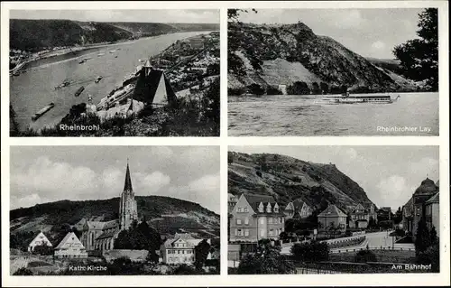 Ak Rheinbrohl am Mittelrhein, katholische Kirche, Bahnhof, Rheinbrohler Lay