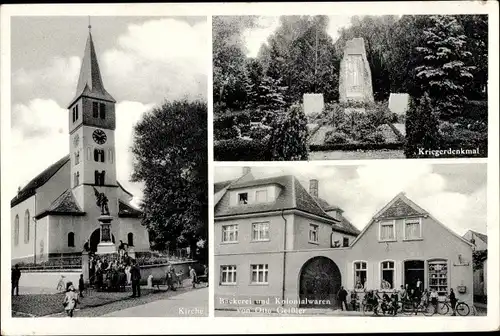 Ak Weisenheim am Sand Pfalz, Kirche, Kriegerdenkmal, Bäckerei, Kolonialwaren-Geschäft
