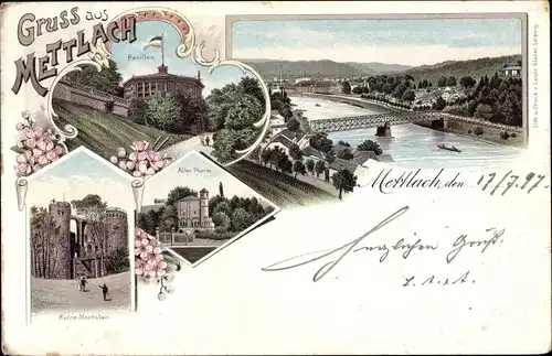 Litho Mettlach im Saarland, Brücke, Pavillon, Ruine, alter Turm