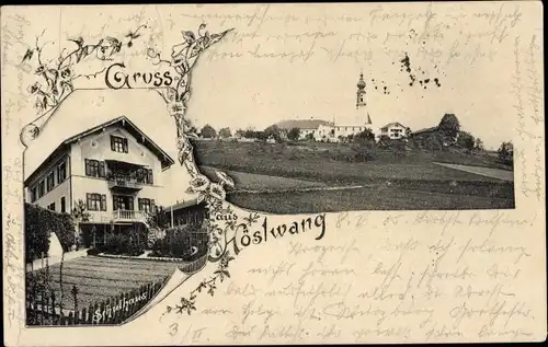 Ak Höslwang im Kreis Rosenheim Oberbayern, Schulhaus, Kirche