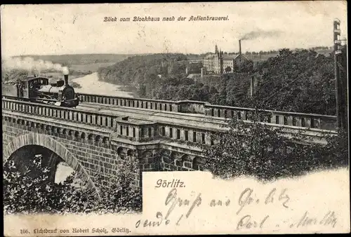 Ak Görlitz in der Lausitz, Aktienbrauerei, Blockhaus, Eisenbahn, Brücke