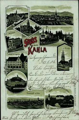 Litho Kahla im Saale Holzland Kreis Thüringen, Bahnhof, Amtsgericht, Schloss, Leuchtenburg, Brücke