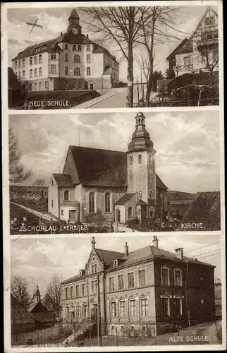 Ak Zschorlau Erzgebirge, Neue und Alte Schule, Kirche