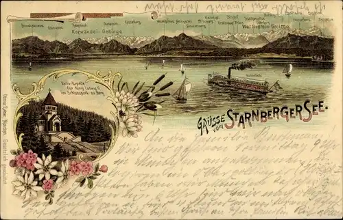 Litho Starnberger See Oberbayern, Dampfer Luitpold, Benediktenwand, Kesselberg, Votivkapelle