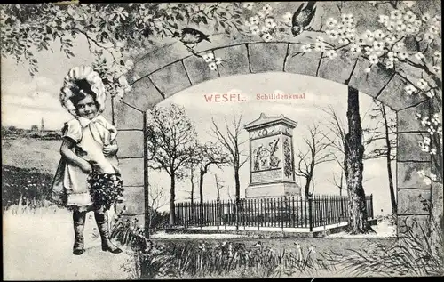 Ak Wesel am Niederrhein, Schilldenkmal, Mädchen