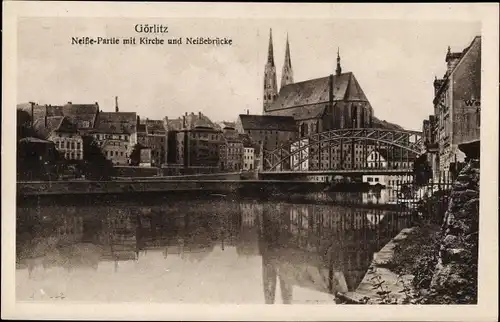 Ak Görlitz in der Lausitz, Neiße-Partie mit Kirche und Neißebrücke
