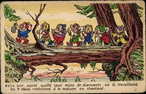Ak Walt Disney, Marschierende Zwerge, Handlaterne, Schaufel, Wald, Schneewittchen