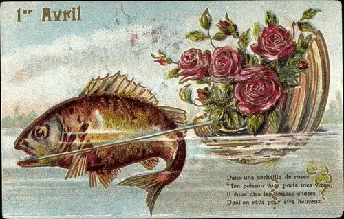 Präge Ak Glückwunsch 1. April, Fisch, Rosen, Korb