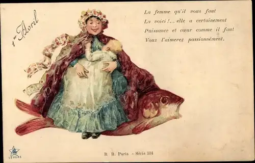 Ak Glückwunsch 1. April, Frau, Kind, Fisch