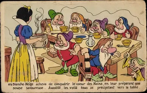 Ak Walt Disney, Schneewittchen, Zwerge, Mittagessen