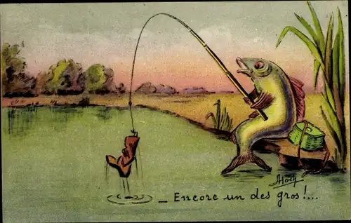 Künstler Ak Hoch, Fisch beim Angeln, Schuh, Teich