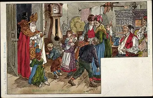 Künstler Litho Kauffmann, Sankt Nikolaustag, Geschenke, Elsässer Tracht