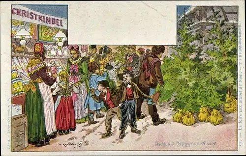 Künstler Litho Kauffmann, Elsässer Bräuche und Trachten, Weihnachtsmarkt, Marktstand