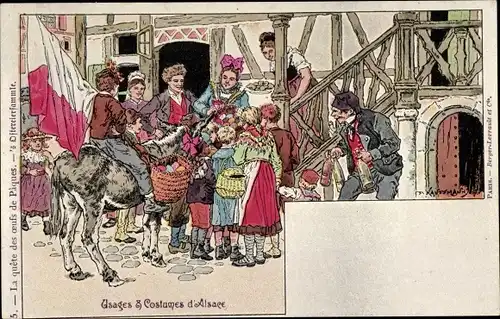 Künstler Litho Kauffmann, Elsässer Tracht, Ostern, Ostereier, Esel