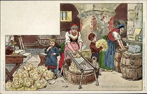 Künstler Litho Kauffmann, Elsässer Tracht, Küche, Eingelegter Kohl