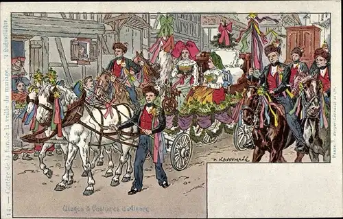 Künstler Litho Kauffmann, Elsässer Trachten, Festzug, Kutsche