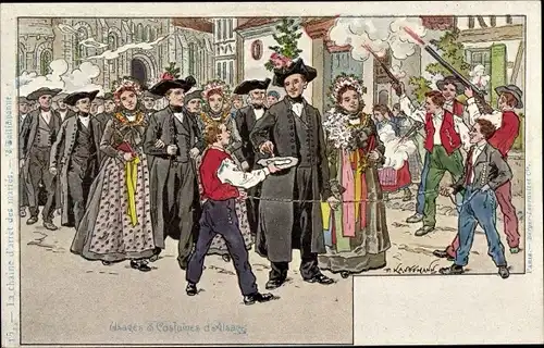 Künstler Litho Kauffmann, Elsässer Tracht, Trauung, Brautpaar