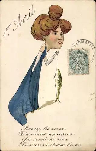 Ak Glückwunsch 1. April, Frau in blauem Kleid, Fisch