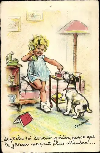 Künstler Ak Bouret, G., Mädchen beim Telefonieren, Hund, Aschenbecher