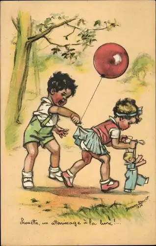 Künstler Ak Bouret, Germaine, Junge hängt Luftballon an Rock von einem Mädchen