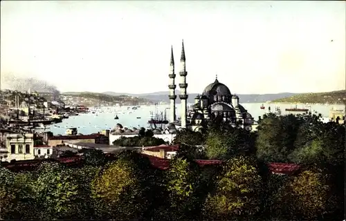Ak Konstantinopel Istanbul Türkei, Jéni Djami und der Hafen, Moschee, Hafen