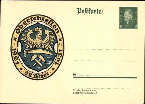 Ganzsachen Ak Oberschlesien, 22 März, 1921 bis 1931, Wappen
