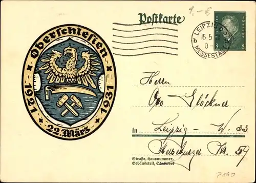 Ganzsachen Ak Oberschlesien, 22 März, 1921 bis 1931, Wappen