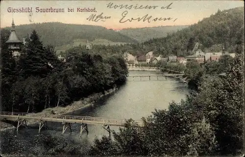 Ak Kyselka Gießhübl Giesshübl Sauerbrunn Region Karlsbad, Fluss, Brücke, Ortsansicht