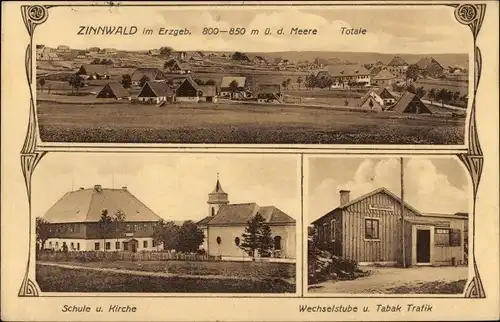 Ak Cínovec Böhmisch Zinnwald Dubí Eichwald Reg. Aussig, Schule, Kirche, Wechselstube, Tabak Trafik